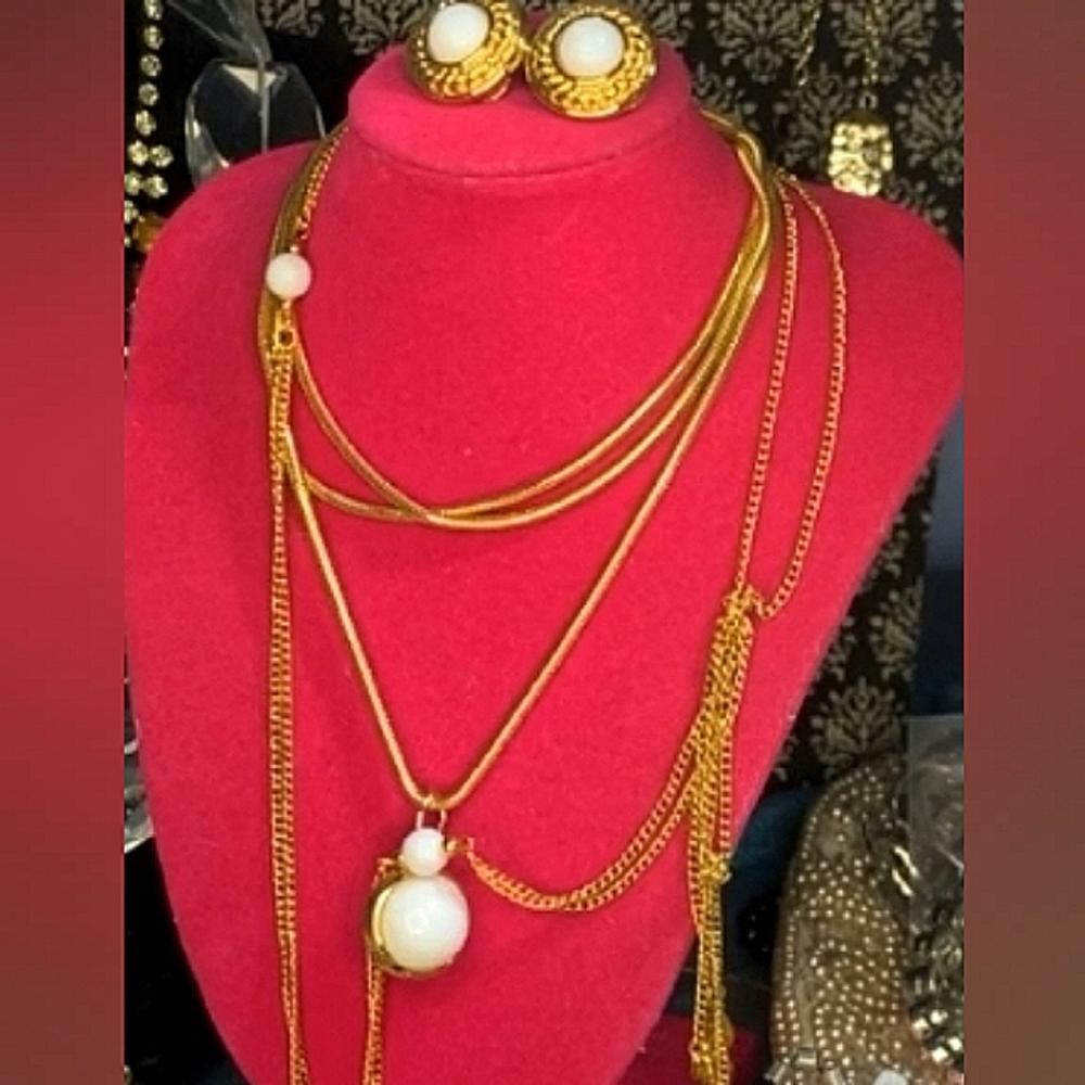 Monet Milk Gold Tone Earrings With Unsigned Sphere  Snake Chain Necklace 4 Piece